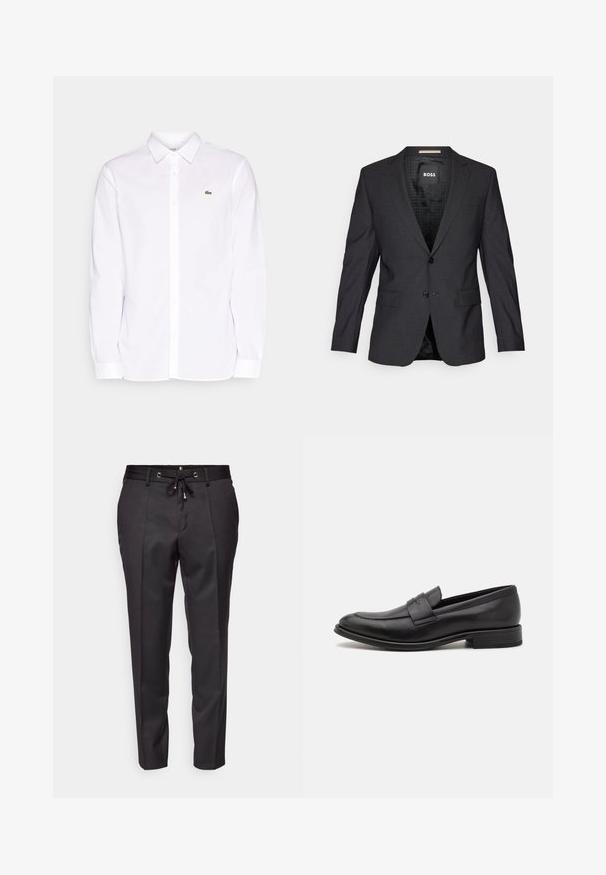 Blazer gris oscuro hecho de una tela suave. Presenta solapas con muesca, dos bolsillos frontales, cierre de un botón y un forro interior con patrón.; Camisa blanca de manga larga hecha de algodón, que presenta un collar tipo button-down, un logo bordado verde en el lado izquierdo del pecho y puños rectos.; Pantalones negros ajustados con una cinturilla con cordón, frente pliegue y dobladillos con puños. Hechos de una tela suave y con un ajuste estructurado.; Mocasín de cuero negro con un acabado suave, una tira decorativa en la parte superior, punta redondeada y un tacón bajo apilado.