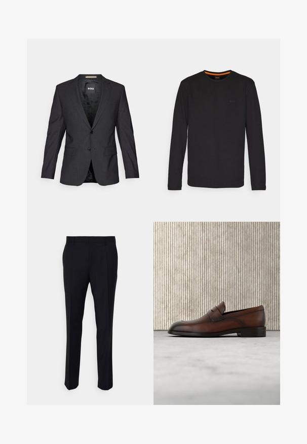 Blazer gris oscuro hecho de una tela suave. Presenta solapas con muesca, dos bolsillos frontales, cierre de un botón y un forro interior con patrón.; Camiseta negra de manga larga hecha de una tela suave, con escote redondo y un pequeño logo en relieve en el pecho con un acento naranja en el interior del cuello.; Pantalones negros confeccionados en tela tejida, con un corte ajustado, frente plano, bolsillos laterales y un diseño de pierna recta.; Mocasín de cuero marrón para hombre con parte delantera perforada y detalle de correa, ubicado sobre una alfombra beige, con una mesa redonda brillante de color marrón en el fondo.