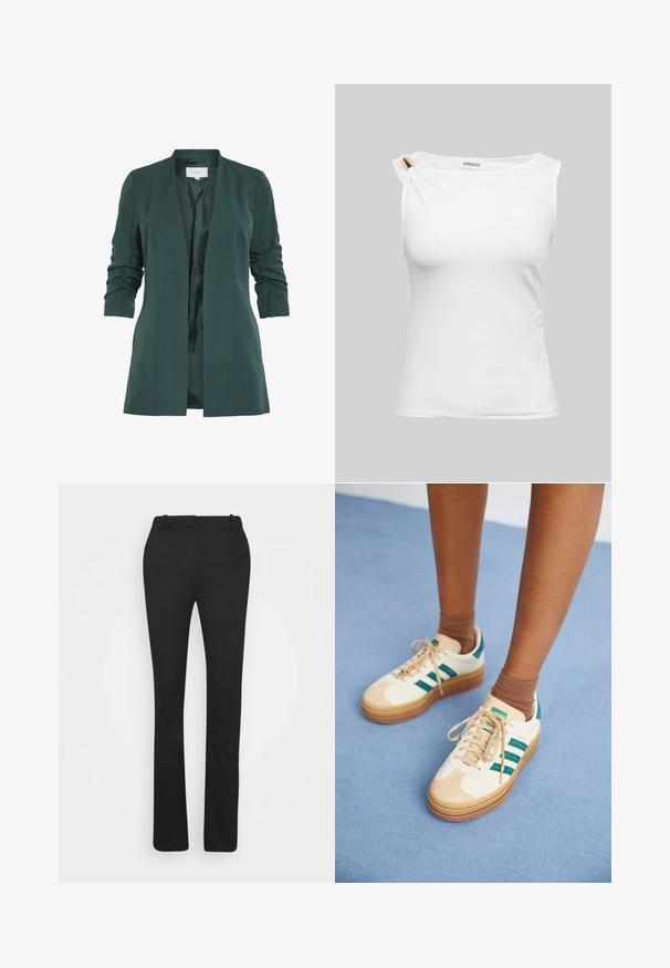 Blazer ajusté vert avec une texture lisse et des manches trois-quarts froncées. Comprend une ouverture avant et une doublure en satin.; Haut blanc sans manches pour femme avec un décolleté asymétrique et un détail en métal doré sur l'épaule gauche.; ONLY ONLELORA VIKA FLARE PANT - Pantalon classique - black; Baskets beiges avec des rayures vert foncé, semelle en caoutchouc, tige en daim et textile, et accessoires neutres, associées à des chaussettes brunes sur une surface bleu clair.