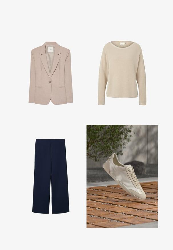 Μπεζ blazer με ένα κουμπί, με πέτο notch, δύο μπροστινές τσέπες με σχισμές και λείο εσωτερικό ύφασμα, απεικονίζεται επίπεδο.; Μπεζ πλεκτό πουλόβερ φτιαγμένο από οργανικό βαμβάκι. Διαθέτει άνετη εφαρμογή, στρογγυλή λαιμόκοψη και υφή σε όλη την επιφάνεια. Μακριά μανίκια.; Ναυτικές παντελόνες σε ίσια γραμμή, φτιαγμένες από ελαφρύ ύφασμα, με καθαρό σχέδιο, πλευρικές τσέπες και χωρίς ορατές κλειστές.; Μπέζ αθλητικό παπούτσι Calvin Klein που αιωρείται πάνω από μια διακοσμημένη ξύλινη και βραχώδη εξωτερική επιφάνεια με βλάστηση και ένα τσιμεντένιο τοίχο στο φόντο.