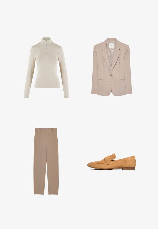 Blazer beige de un solo botón con solapas en pico, dos bolsillos delanteros con abertura y un forro interior liso, presentado plano.; Top de cuello alto de mangas largas en color beige claro, fabricado en tejido acanalado, con cierre de cremallera de un cuarto en el cuello y diseño ajustado.; Pantalones beiges de diseño a medida con pernera recta, que presentan un frente plisado, trabillas para cinturón y detalles de costura sutiles. Tela suave y ligera.; Mocasines de ante color arena con tacón plano, punta redondeada y una tira cosida en el empeine para un acabado refinado.