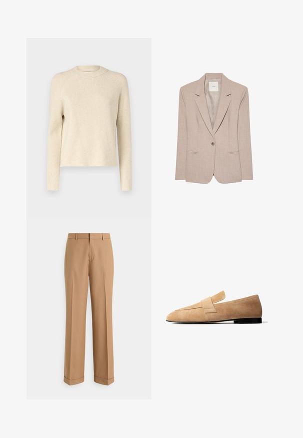 Μπεζ blazer με ένα κουμπί, με πέτο notch, δύο μπροστινές τσέπες με σχισμές και λείο εσωτερικό ύφασμα, απεικονίζεται επίπεδο.; Πλεκτή μπλούζα με ριγέ σχέδιο σε κρεμ χρώμα, με στρογγυλή λαιμόκοψη, μακριά μανίκια και ίσια γραμμή. Μαλακή υφή με διακριτές τονικές παραλλαγές σε όλη την επιφάνεια.; Παντελόνια σε ταμπά χρώμα από λείο ύφασμα, με ίσια γραμμή, πρεσσαρισμένες πτυχές και τελείωμα με μανσέτα για μια κομψή εμφάνιση.; Ταμπά δερμάτινο μοκασίνι σουέτ με μικρό μαύρο τακούνι και φαρδιά λουρίδα στο επάνω μέρος, εμφανιζόμενο σε πλαϊνή όψη πάνω σε λευκό φόντο.