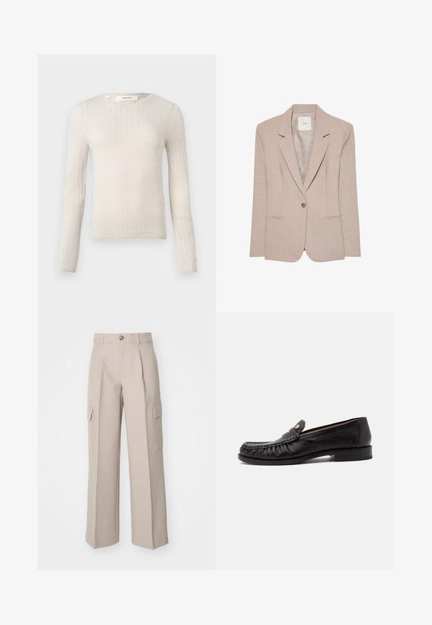 Beige singleknap blazer med hakkede revers, to fremadrettede lommer og en glat inderfor, vist fladt.; Cremefarvet, langærmet striktrøje med et subtilt chevronmønster og rund halsudskæring, mærket "Selected" ved kraven.; Beige brede bukser lavet af stof, med frontfolder og to sidecargo-lommer. Indeholder en frontknaplukning.; Sort herre loafer i læder med rund tå, syninger, lav hæl og et lille metalemblem på øverste front.