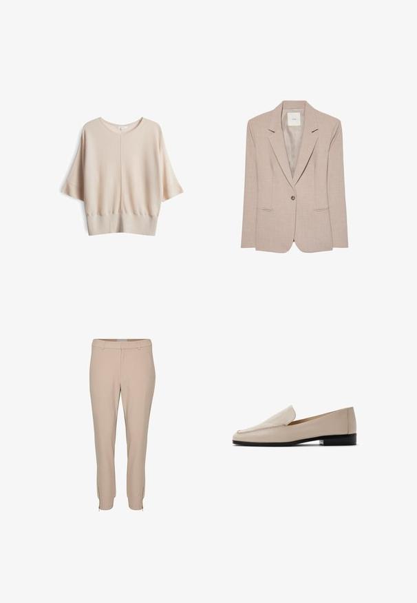 Beige eenknopsblazer met inkeping revers, twee voorzakken met een opening en een gladde binnenvoering, plat uitgestald.; Lichtbeige pullover top met een ronde halslijn, korte mouwen en een textuurafwerking. Heeft een naaddetail in het midden. Zacht gebreide stof.; Beige maatwerkbroek met een slim fit, voorzien van zijzakken en ritssluitingen aan de zoom, gemaakt van een soepele, lichte stof.; Beige leren loafers met een gladde textuur, ronde neus en minimale stiksels. Voorzien van een lage zwarte hak en een insteekontwerp.