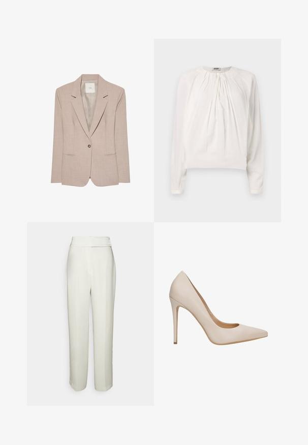 Beige eenknopsblazer met inkeping revers, twee voorzakken met een opening en een gladde binnenvoering, plat uitgestald.; Witte blouse met lange mouwen, ronde hals en geplooide voorkant. Zacht, glad materiaal met een comfortabele pasvorm en knoopdetails bij de kraag.; Halston KARTER WEDDING PANT - Broek - chalk; Beige leren pumps met hoge hak, een spitse neus, een gladde textuur en een slanke stilettohak. Minimalistisch ontwerp zonder extra versieringen.