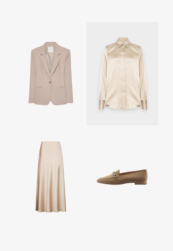 Beige eenknopsblazer met inkeping revers, twee voorzakken met een opening en een gladde binnenvoering, plat uitgestald.; Beige satijnen shirt met een puntige kraag, lange mouwen, knoopsluiting en manchet in een iets glanzender afwerking. Geen patronen of accenten.; Beige satijnen midi-rok met een gladde textuur en een uitlopende snit van taille tot zoom, met een A-lijnvorm. Geen zichtbare patronen of accenten.; Tan suède instappers met een taps toelopend ontwerp, voorzien van een kleine accente van zilverkleurig hardware en een lage hak. Gladde textuur met minimale stiksels.
