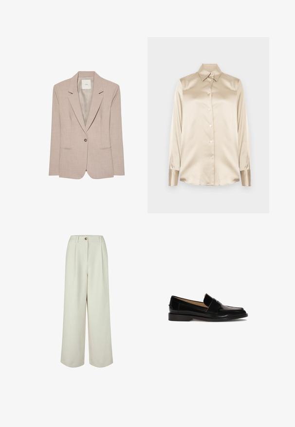 Μπεζ blazer με ένα κουμπί, με πέτο notch, δύο μπροστινές τσέπες με σχισμές και λείο εσωτερικό ύφασμα, απεικονίζεται επίπεδο.; Μπεζ σατέν πουκάμισο με μυτερό γιακά, μακρύ μανίκι, κλείσιμο με κουμπιά και μανσέτες σε ελαφρώς πιο γυαλιστερή φινίρισμα. Χωρίς σχέδια ή διακοσμήσεις.; Εκρού παντελόνι με ψηλή μέση και φαρδιά μπατζάκια, με θηλιές για ζώνη, κλείσιμο με κουμπί και πιέτες μπροστά, σχεδιασμένο για άνετη εφαρμογή.; Μαύρες δερμάτινες loafers με λεία επιφάνεια, στρογγυλή μύτη και διακοσμητική ζώνη στη μπροστινή πλευρά. Σχεδίαση με χαμηλό τακούνι block.