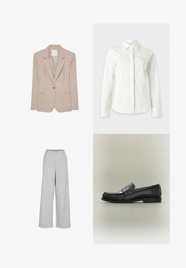 Beige singleknap blazer med hakkede revers, to fremadrettede lommer og en glat inderfor, vist fladt.; Hvid skjorte med lange ærmer, skjulte knapper, spids krave og figursyet pasform ved taljen.; Lys grå vide bukser lavet af struktureret stof, med flad front, bæltestropper og et rent, skræddersyet udseende.; Sort læder penny loafer med rynket tådetalje og lav stablet hæl, set fra siden på en neutral baggrund.