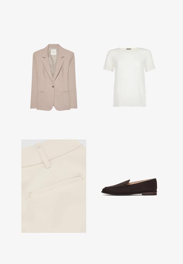Beige singleknap blazer med hakkede revers, to fremadrettede lommer og en glat inderfor, vist fladt.; Hvid kortærmet T-shirt lavet af glat stof, med en rund halsudskæring og en afslappet pasform uden mønstre eller accenter.; Nærbillede af beige stofbukser, der viser baglomme og bæltestrop med synlige syningsdetaljer.; Sorte loafers med en glat stofoverdel, spids tå og lavt træhæl. Har et enkelt slip-on design uden synligt udstyr eller pynt.