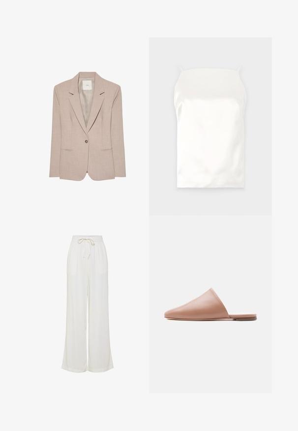 Blazer beige à un bouton, col cranté, deux poches fendues devant et doublure intérieure lisse, présenté à plat.; Camisole en satin blanc avec des fines bretelles, texture lisse, forme rectangulaire et sans motifs ni accents visibles.; Pantalons larges blancs en tissu léger, dotés d'une taille élastique avec un cordon de serrage et de deux poches latérales.; Mule en cuir beige, sans talon, à bout pointu et semelle plate, présenté en profil latéral sur un fond clair uni.
