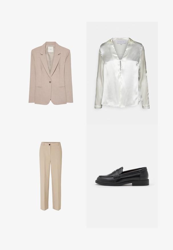 Μπεζ blazer με ένα κουμπί, με πέτο notch, δύο μπροστινές τσέπες με σχισμές και λείο εσωτερικό ύφασμα, απεικονίζεται επίπεδο.; STUDIO ID ALYSSA - Μπλούζα - champagne; Modström GALE - Παντελόνι - powder sand; Μαύρες δερμάτινες loafers με λείο υφή, στρογγυλή μύτη, ραφές στο επάνω μέρος και χαμηλή, επίπεδη καουτσούκ σόλα.