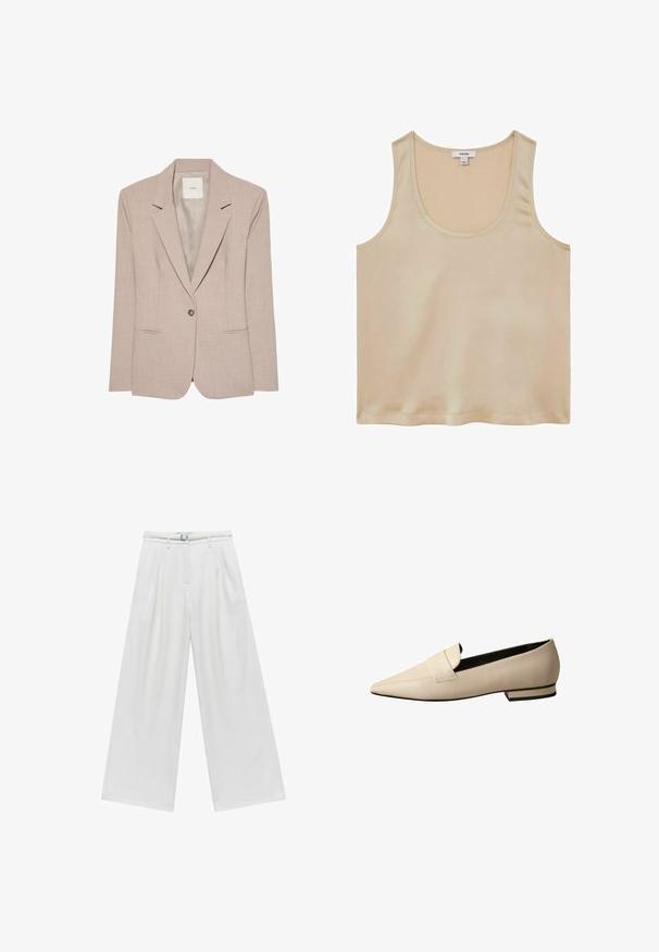 Blazer beige à un bouton, col cranté, deux poches fendues devant et doublure intérieure lisse, présenté à plat.; Reiss REGULAR FIT - Blouse - neutral; Pantalons larges en tissu blanc, dotés d'une taille ceinturée, de plis à l'avant et d'une texture lisse partout.; Mocassins en cuir beige avec un bout pointu, comportant une large sangle sur le cou-de-pied et un petit talon empilé avec un accent noir.