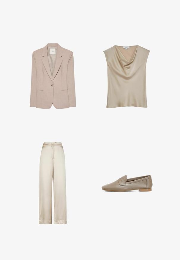 Beige singleknap blazer med hakkede revers, to fremadrettede lommer og en glat inderfor, vist fladt.; Beige satinærmløs bluse med kaskadeudskæring, mærket "REISS", vist mod en hvid baggrund.; Bukser med høj talje og vide ben i beige med en enkelt knap og skjult lynlåslukning foran.; Beige læder loafers med en tekstureret overflade, der har en flad hæl og en afrundet tå. Inkluderer en dekorativ plissering på vampen.
