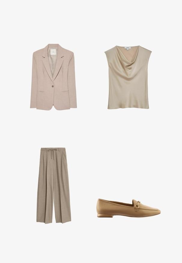Beige singleknap blazer med hakkede revers, to fremadrettede lommer og en glat inderfor, vist fladt.; Beige satinærmløs bluse med kaskadeudskæring, mærket "REISS", vist mod en hvid baggrund.; Beige højtaljede bukser med en afslappet pasform, der har pletter og en snøre i taljen. Materialet ser ud til at være tekstureret og let.; Beige læder loafers med flad hæl, der har en dekorativ metalring og stropdetalje, glat overflade og rund tådesign.