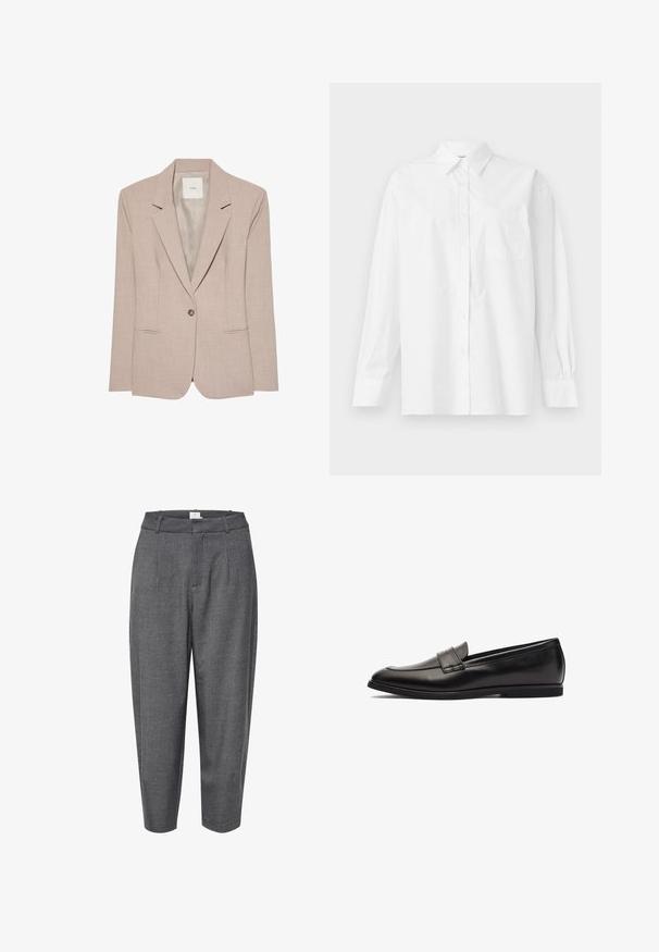Blazer beige à un bouton, col cranté, deux poches fendues devant et doublure intérieure lisse, présenté à plat.; Chemise blanche à manches longues en coton, avec un col classique, un fermeture à boutons et une poche poitrine simple du côté gauche.; Pantalons gris évasés en tissu texturé ; dotés de plis et d'une taille lisse avec une fermeture dissimulée.; Mocassin en cuir noir avec une finition lisse, un bout arrondi et des accents en double couture sur le dessus. Semelle en caoutchouc plate pour plus de confort.