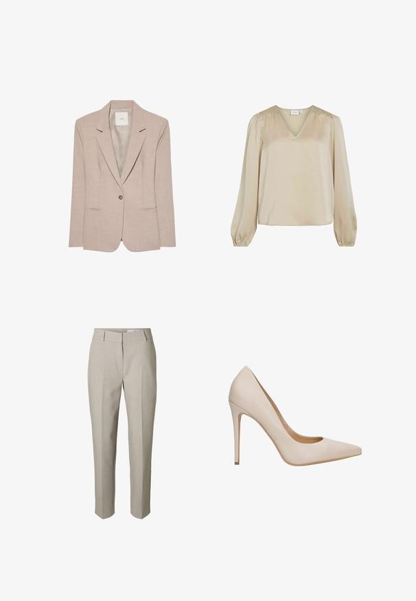 Beige eenknopsblazer met inkeping revers, twee voorzakken met een opening en een gladde binnenvoering, plat uitgestald.; Beige lange mouwen blouse met een V-hals, met geplooide details aan de schouder en een gladde, zijdezachte textuur. Eenvoudige, comfortabele pasvorm.; Beige op maat gemaakte broek met riemlussen, een voorrits en geperste plooien over de benen, getoond tegen een witte achtergrond.; Beige leren pumps met hoge hak, een spitse neus, een gladde textuur en een slanke stilettohak. Minimalistisch ontwerp zonder extra versieringen.