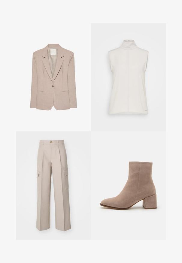 Beiger Ein-Knopf-Blazer mit Kerbkragen, zwei vorderen Einschubtaschen und glattem Innenfutter, flach liegend dargestellt.; Ärmelloses weißes Rollkragenoberteil aus glattem Stoff, mit einer Mittelnaht und einem dezenten Logotag am Saum. Minimalistisches Design.; Beige weite Stoffhosen mit vorderen Falten und zwei seitlichen Cargo-Taschen. Mit einem vorderen Knopfverschluss.; Beige Wildleder-Stiefelette mit spitzer Zehe und chunky quadratischem Absatz. Die Oberfläche ist glatt mit einer sanften Textur und minimaler Verzierung.