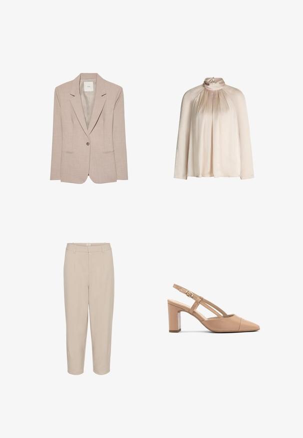 Beiger Ein-Knopf-Blazer mit Kerbkragen, zwei vorderen Einschubtaschen und glattem Innenfutter, flach liegend dargestellt.; Hochgeschlossene, langärmlige beige Satinbluse mit gefaltetem Vorderteil und kleiner Schlüsselöffnung mit Knopfverschluss am Rückenausschnitt.; Beige cropped Hosen mit glatter Textur, vorderen Falten, zwei seitlichen Taschen und einem Bund. Gerades Bein-Design mit maßgeschneiderter Verarbeitung.; Beige Leder Slingback-Absätze mit einer spitzen Zehenform, Blockabsatz und einem Riemen mit einer kleinen goldenen Schnalle. Glatte Textur, minimalistisches Design.