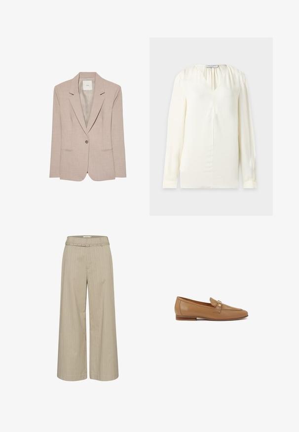 Μπεζ blazer με ένα κουμπί, με πέτο notch, δύο μπροστινές τσέπες με σχισμές και λείο εσωτερικό ύφασμα, απεικονίζεται επίπεδο.; Πουκάμισο μακρυμάνικο, κρεμ χρώματος, με V-λαιμόκοψη και λεπτές πιέτες κοντά στον λαιμό, παρουσιάζεται σε μονόχρωμο φόντο.; Πλατύ παντελόνι σε ανοιχτό μπεζ ύφασμα με κάθετες ρίγες, διαθέτοντας ταιριαστό ζωνάκι και διακοσμητικά αξεσουάρ στην μέση.; Καφέ δερμάτινες loafers με στρογγυλή μύτη, χαμηλό στιβαρό τακούνι και διακοσμητική ζώνη με χρυσές λεπτομέρειες. Λείος υφή και μινιμαλιστικός σχεδιασμός.