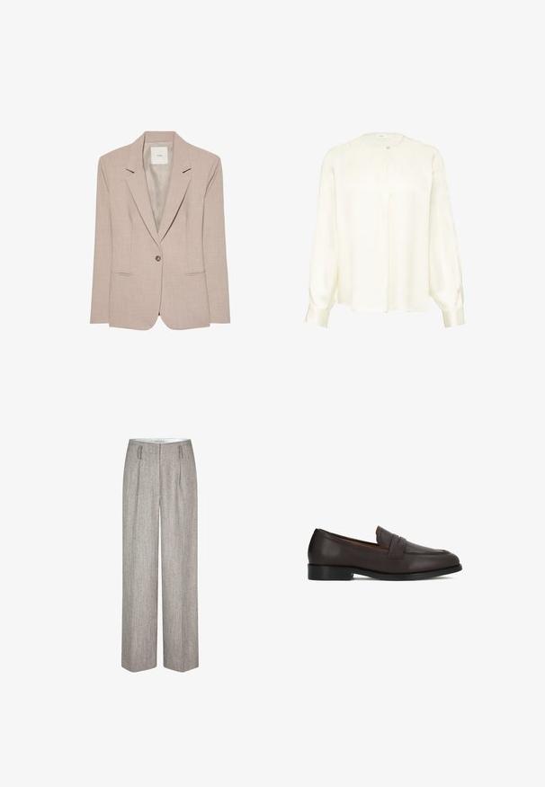 Beiger Ein-Knopf-Blazer mit Kerbkragen, zwei vorderen Einschubtaschen und glattem Innenfutter, flach liegend dargestellt.; Langärmlige cremefarbene Bluse mit Rundhalsausschnitt und einer Knopfverschluss an der oberen Vorderseite, lockere Passform und gepufften Ärmeln.; Second Female JUN - Stoffhose - trench coat; Braune Leder-Loafer mit glatter Oberfläche, rund zulaufender Spitze und dekorativem Vorderteil. Robuste Sohle und dezente Absatzhöhe.