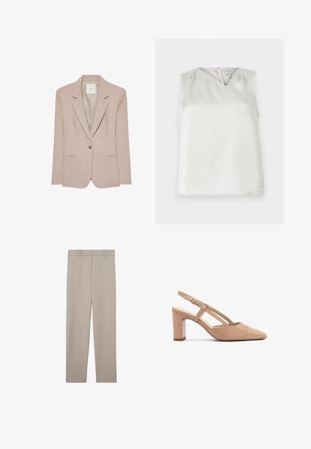 Blazer beige de un solo botón con solapas en pico, dos bolsillos delanteros con abertura y un forro interior liso, presentado plano.; Blusa blanca sin mangas con escote en V, pliegues sutiles en los hombros y cierre de cremallera en la espalda, mostrada sobre un fondo liso.; Pantalones beige de corte recto con trabillas para cinturón y un diseño limpio y minimalista, mostrados extendidos sobre un fondo blanco.; Tacones de slingback de cuero beige con punta afilada, tacón cuadrado y correa con un pequeño hebilla dorada. Textura suave, diseño minimalista.