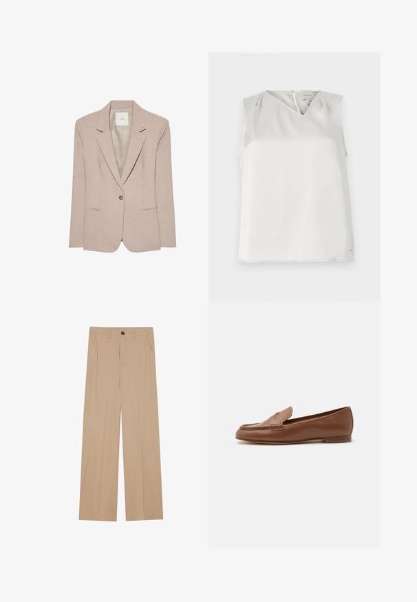 Μπεζ blazer με ένα κουμπί, με πέτο notch, δύο μπροστινές τσέπες με σχισμές και λείο εσωτερικό ύφασμα, απεικονίζεται επίπεδο.; Αμάνικο λευκό μπλουζάκι με V-λαιμόκοψη, διακριτικές πιέτες στους ώμους και κλείσιμο με φερμουάρ στην πλάτη, παρουσιάζεται σε απλό φόντο.; Μπεζ παντελόνια με φαρδύ πόδι και λεία υφή, διαθέτοντας δύο πλαϊνές τσέπες, κλείσιμο με κουμπί στο μπροστινό μέρος και διακριτές πιέτες για πρόσθετη λεπτομέρεια.; Κλασικός καφέ δερμάτινος μοκασίνι με χαμηλό τακούνι και ραμμένη λεπτομέρεια στο μπροστινό μέρος, εμφανίζεται σε πλαϊνή όψη σε λευκό φόντο.