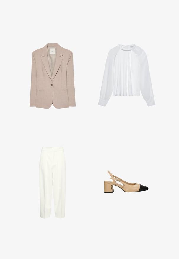 Beige eenknopsblazer met inkeping revers, twee voorzakken met een opening en een gladde binnenvoering, plat uitgestald.; Witte satijnen blouse met lange mouwen, ronde halslijn en geplooide voorkant. Heeft een rits aan de achterkant en aansluitende manchetten. Gladde textuur.; Witte, hoog getailleerde, rechte broek met plooien aan de voorkant en een verborgen tailleband, getoond tegen een effen achtergrond.; Beige slingback hak met een zwarte lakleder teenkap, vierkante blokhak en een verstelbare band met gesp. Gladde textuur overal.