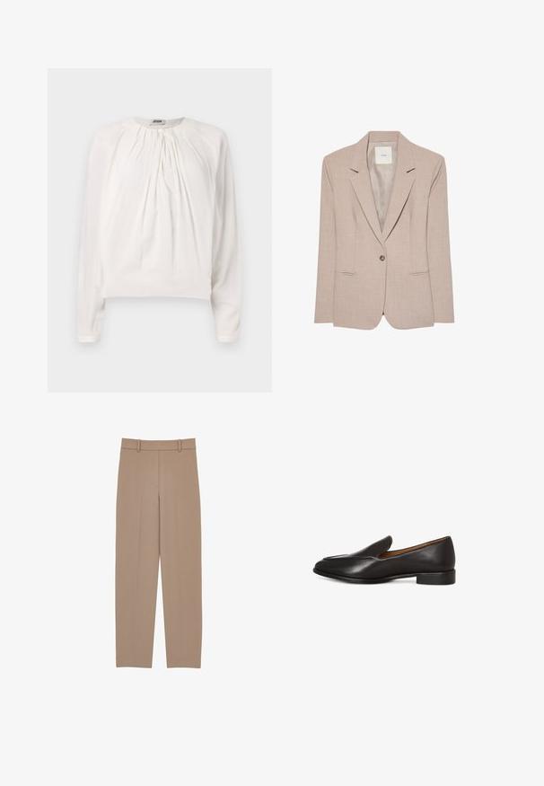 Beige eenknopsblazer met inkeping revers, twee voorzakken met een opening en een gladde binnenvoering, plat uitgestald.; Witte blouse met lange mouwen, ronde hals en geplooide voorkant. Zacht, glad materiaal met een comfortabele pasvorm en knoopdetails bij de kraag.; Beige eersteklas geklede broek met een rechte pijp, voorzien van een geplooide voorkant, riemlussen en subtiele stikdetails. Gladde, lichte stof.; Zwarte leren instapschoen met een ronde neus, voorzien van een lage blokhak en een gestructureerde bovenkant. Eenvoudig ontwerp zonder zichtbare accenten.