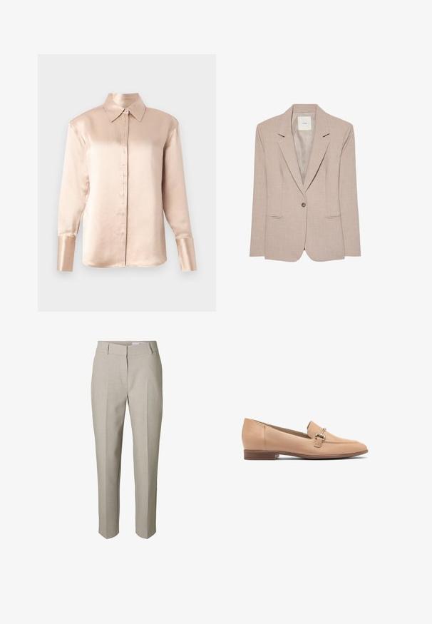 Blazer beige à un bouton, col cranté, deux poches fendues devant et doublure intérieure lisse, présenté à plat.; Blouse en satin beige doux avec un col classique, des manches longues, un devant boutonné et une coupe légèrement oversize. Texture lisse, détails minimalistes.; Pantalon beige sur mesure avec passants pour ceinture, fermeture éclair avant et plis marqués sur les jambes, présenté sur fond blanc.; Mocassins en cuir beige avec un petit talon, présentant un design cousu et un petit accent en métal argenté sur le dessus. Texture lisse.
