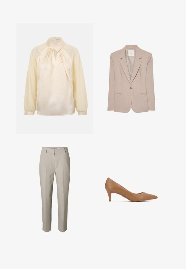 Μπεζ blazer με ένα κουμπί, με πέτο notch, δύο μπροστινές τσέπες με σχισμές και λείο εσωτερικό ύφασμα, απεικονίζεται επίπεδο.; Κρεμ μακρυμάνικο μπλουζάκι με ψηλό γιακά, πιετέ λαιμόκοψη, άνοιγμα σε σχήμα κλειδαρότρυπας και μανσέτες με κουμπιά.; Μπεζ παντελόνι ραμμένο κατά παραγγελία με θηλιές για ζώνη, μπροστινό φερμουάρ και πιέτες στα πόδια, εμφανιζόμενο σε λευκό φόντο.; Καφέ δερμάτινη γόβα με ψηλό τακούνι, μυτερή μύτη και χαμηλό τακούνι. Διαθέτει λεία υφή και διακριτική χρυσή λεπτομέρεια στο πλάι.