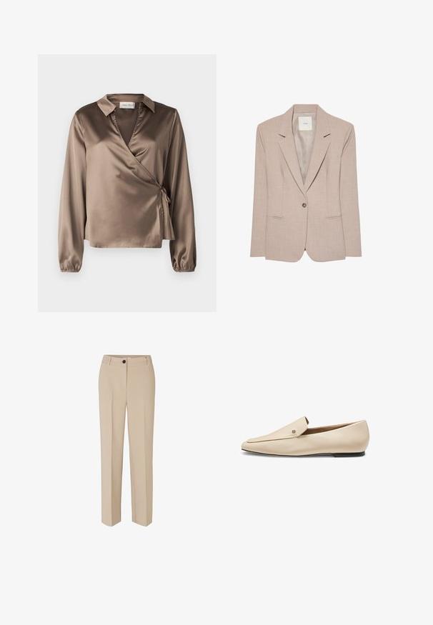Beige yksirivinen bleiser, jossa notched-lapelit, kaksi etutaskua ja sileä vuori, esitetty litteänä.; Ruskea satiinitoppi, jossa on pitkät hihat, kaulus ja sivusolmu-yksityiskohta. Tasainen rakenne, jossa on hieno kiilto, ja V-pääntie.; Modström GALE - Housut - powder sand; Beige nahkainen loafer, jossa on terävä kärki, musta litteä pohja ja pieni metallinen logodetalji lähellä yläreunaa.