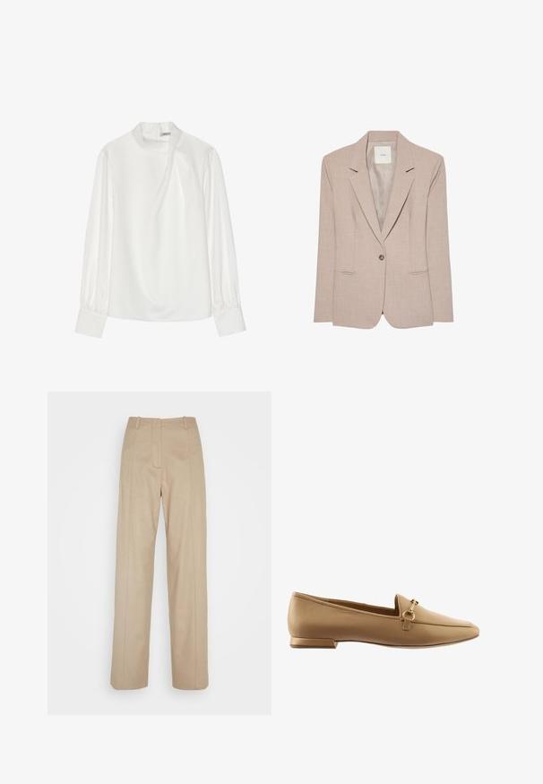 Beige eenknopsblazer met inkeping revers, twee voorzakken met een opening en een gladde binnenvoering, plat uitgestald.; Witte blouse met een hoge halslijn, lange pofmouwen en een ritssluiting aan de achterkant. Glad stof met een lichte glans en subtiele val.; Calvin Klein TAILORED STRAIGHT PANT - Broek - cinder; Beige leren instappers met een vlakke hak, voorzien van een decoratieve metalen ring en accentband, een gladde textuur en een rond toel ontwerp.