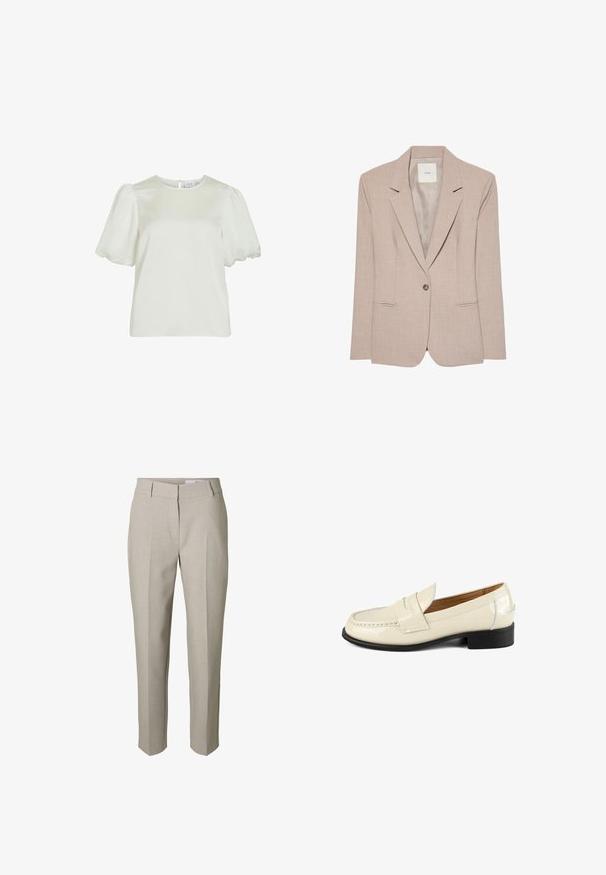 Beige singleknap blazer med hakkede revers, to fremadrettede lommer og en glat inderfor, vist fladt.; Hvid kortærmet bluse med rund halsudskæring og puffede ærmer, med knappelukning bagpå.; Beige skræddersyede bukser med bæltestropper, lynlås foran og pressede læg ned langs benene, vist mod en hvid baggrund.; Beige patent læder loafers med en rund tå og dekorative syninger. Har en lav sort hæl og slip-on design.