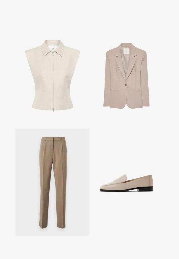Beige singleknap blazer med hakkede revers, to fremadrettede lommer og en glat inderfor, vist fladt.; Beige ærmeløs top med spids krave og lynlås foran. Lavet af struktureret materiale med en skræddersyet pasform og minimale designdetaljer.; Brune skræddersyede bukser lavet af glat stof, med en lige ben-design, frontfolder og en talje med bælteløkker.; Beige læderloafers med en glat tekstur, rund tå og minimal syning. Med en lav sort hæl og slip-on design.