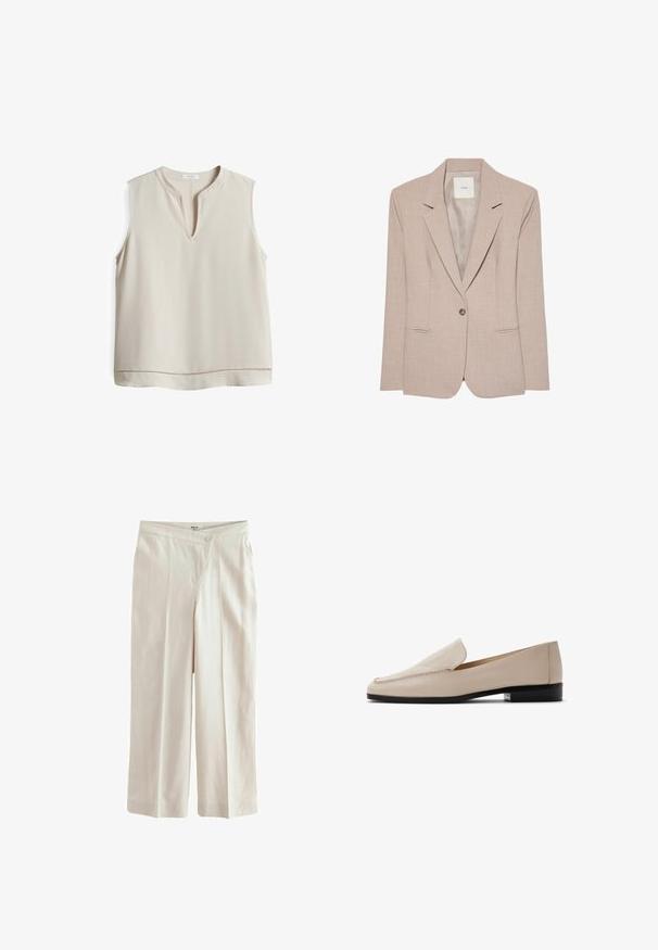 Beige eenknopsblazer met inkeping revers, twee voorzakken met een opening en een gladde binnenvoering, plat uitgestald.; Beige mouwloze blouse met een V-hals, gemaakt van soepele stof, met een decoratieve stiksel langs de zoom voor extra detail.; Next ASYMETRIC WAITBAND TAILORED WIDE LEG - Broek - neutral; Beige leren loafers met een gladde textuur, ronde neus en minimale stiksels. Voorzien van een lage zwarte hak en een insteekontwerp.