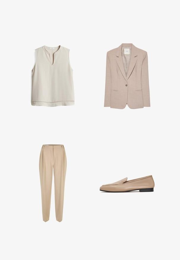 Beige eenknopsblazer met inkeping revers, twee voorzakken met een opening en een gladde binnenvoering, plat uitgestald.; Beige mouwloze blouse met een V-hals, gemaakt van soepele stof, met een decoratieve stiksel langs de zoom voor extra detail.; Beige op maat gemaakte rechte broek met riemlussen, voorrits en zijzakken, gepresenteerd op een witte achtergrond.; Beige leren instappers met een gladde afwerking, lage zwarte hak en gestikte details over de bovenkant. Beschikt over een ronde neus en een minimalistisch ontwerp.