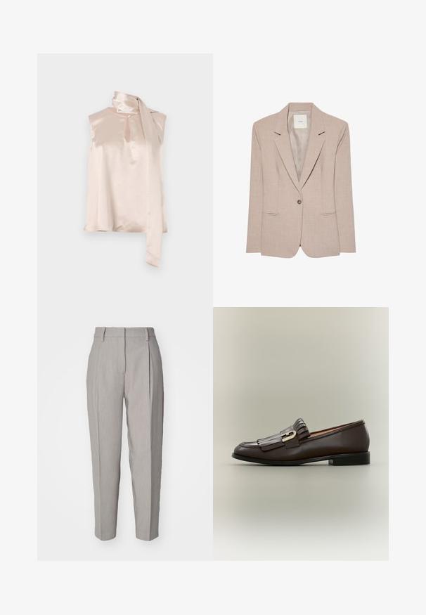 Μπεζ blazer με ένα κουμπί, με πέτο notch, δύο μπροστινές τσέπες με σχισμές και λείο εσωτερικό ύφασμα, απεικονίζεται επίπεδο.; Σατέν τοπ χωρίς μανίκια σε παστέλ ροζ, με κατακόρυφο άνοιγμα και προσαρτημένο λεπτό μαντήλι στον ώμο. Απαλή υφή, μίνιμαλ σχεδίαση.; Ανοιχτό γκρίζες κομμένες παντελόνες με λεία υφή, πλισέ μπροστά και ίσια γραμμή. Διαθέτουν θηλιές για ζώνη και γυαλιστερή φινίρισμα.; Σκουρόκαφε δερμάτινο μοκασίνι με λεπτομέρειες κρόσσια και χρυσή αγκράφα σε ουδέτερο φόντο, πλευρική προβολή.