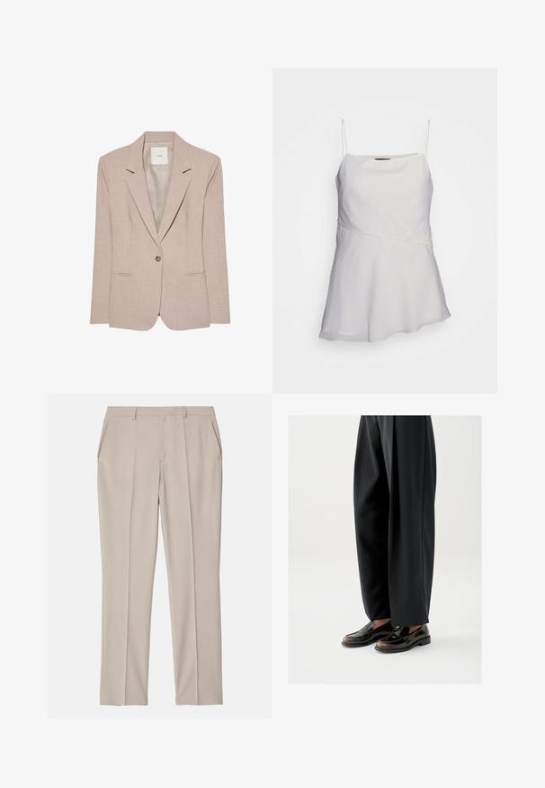 Μπεζ blazer με ένα κουμπί, με πέτο notch, δύο μπροστινές τσέπες με σχισμές και λείο εσωτερικό ύφασμα, απεικονίζεται επίπεδο.; Λευκή αμάνικη μπλούζα με λεπτές τιράντες, άνετη εφαρμογή και ασύμμετρο σχέδιο. Κατασκευασμένη από απαλή, ελαφριά ύφανση.; Filippa K EMMA TROUSERS - Παντελόνι - desert tau; Μαύρα μοκασίνια με γυαλιστερό δέρμα, διακοσμημένο με λουράκι στο πάνω μέρος, σε συνδυασμό με φαρδιά μαύρη παντελόνια.