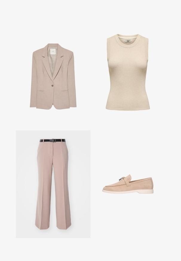 Beige singleknap blazer med hakkede revers, to fremadrettede lommer og en glat inderfor, vist fladt.; Ærmeløs beige ribstrikket top med rund halsudskæring, tætsiddende silhuet og JDY mærke indeni kraven i størrelse small.; Lyserøde vidde bukser lavet af et blødt stof, med et sort bælte med en firkantet spænde og pænt pressede forkant.; Beige ruskind slip-on loafer med hvid sål, metalspænde på toppen og "Melvin & Hamilton" præget på siden.