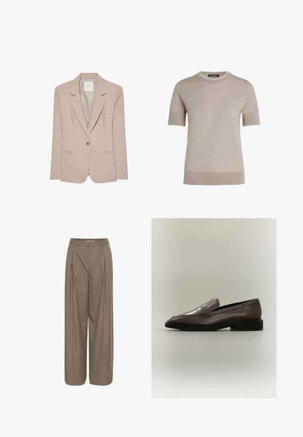 Blazer beige à un bouton, col cranté, deux poches fendues devant et doublure intérieure lisse, présenté à plat.; Pull en maille beige à manches courtes avec col rond et bordure blanche subtile, avec une petite broderie blanche "Karl" sur la poitrine.; Pantalons larges plissés en tissu brun clair, dotés d'une taille structurée et d'une texture lisse, conçus pour le confort et la polyvalence.; Mocassin en cuir marron à enfiler avec semelle noire et petit talon, avec un détail de bride sur le dessus.