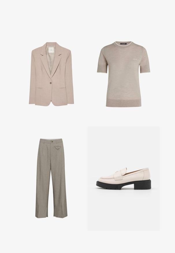 Blazer beige à un bouton, col cranté, deux poches fendues devant et doublure intérieure lisse, présenté à plat.; Pull en maille beige à manches courtes avec col rond et bordure blanche subtile, avec une petite broderie blanche "Karl" sur la poitrine.; Pantalons à jambes larges en tissu gris clair, avec une fermeture à bouton à l'avant, deux poches latérales et une poche arrière décorative en forme de losange.; Mocassins en cuir beige clair avec un devant cousu et un talon platform texturé noir. Présente un design incurvé et une légère élévation.