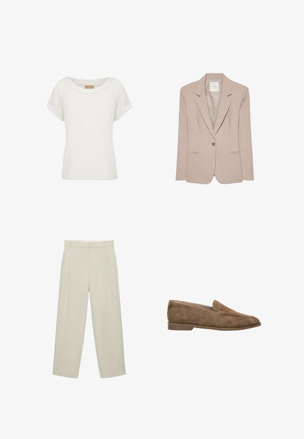 Beiger Ein-Knopf-Blazer mit Kerbkragen, zwei vorderen Einschubtaschen und glattem Innenfutter, flach liegend dargestellt.; Weißes Damenshirt mit kurzen Ärmeln, rundem Ausschnitt und einem kleinen beigen Etikett auf der Innenseite des Kragens.; Beige, hoch taillierte maßgeschneiderte Hose mit Seitentaschen, Gürtelschlaufen und frontalem Reißverschluss, in gerader Beinführung.; Brauner Wildleder-Slipper mit niedrigem Absatz und abgerundeter Spitze, Seitenansicht vor weißem Hintergrund.