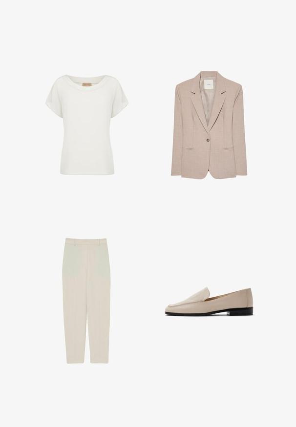 Beige singleknap blazer med hakkede revers, to fremadrettede lommer og en glat inderfor, vist fladt.; Hvid kortærmet dametop med rund halsudskæring og en lille beige label indeni kraven.; Beige lige benbukser med en glat tekstur, der har høj talje, frontfoldsdetaljer og rene linjer for en skræddersyet pasform.; Beige læderloafers med en glat tekstur, rund tå og minimal syning. Med en lav sort hæl og slip-on design.