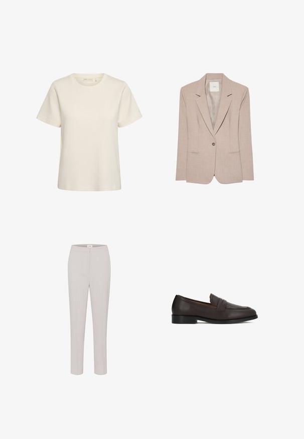 Beige yksirivinen bleiser, jossa notched-lapelit, kaksi etutaskua ja sileä vuori, esitetty litteänä.; Kermansävyinen lyhythihainen t-paita pyöreällä pääntiellä ja yksinkertaisella, yksivärisellä kuosilla valkoisella taustalla.; Harmaat räätälöidyt housut, joissa on sileä pinta, slim fit -malli ja klassinen vyötärö. Ei näkyviä taskuja tai koristeita.; Ruskeat nahkaiset loaferit, joissa on sileä pinta, pyöristetty kärki ja koristeellinen etuosan yksityiskohta. Vankka pohja ja hillitty korokekorko.