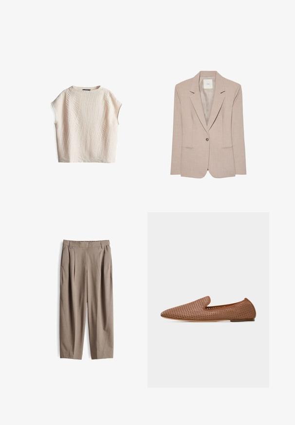 Beige eenknopsblazer met inkeping revers, twee voorzakken met een opening en een gladde binnenvoering, plat uitgestald.; Kortärmelig top in crèmekleur met een gestructureerd golfpatroon; losse pasvorm en ronde hals; gemaakt van lichtgewicht stof.; Beige rechte broek met plooien, riemlussen en zijzakken, getoond op een witte achtergrond.; Bruine leren platte schoen met geperforeerd ontwerp en instapstijl, met spits toelopende neus en lage hak, op een witte achtergrond.