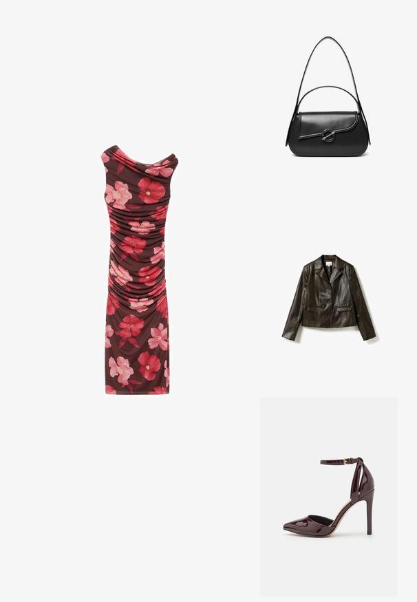 Brun læder cropped jakke med snitkrave, to forlommer, enkelt knaplukning og glat, let struktureret overflade.; Rynket blomsterkjole med en brun baggrund, prydet med store pink og røde blomster. Den har en draperet halsudskæring og et slim fit design.; Bordeaux patentlæder højhælede sko med spids tå, ankelrem og en 10 cm stiletto hæl. Glat tekstur og minimal detaljer.; Sort skuldertaske i læder med en buet klap, der er fastgjort med en rund metal spænde, og en slank, justerbar rem.