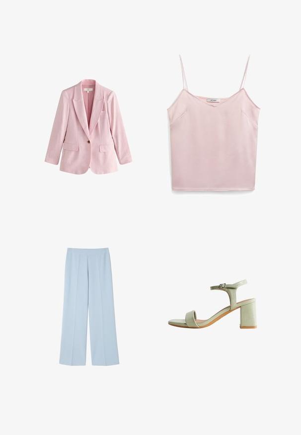Blazer de lino en color rosa claro con un solo botón, solapas con muesca, dos bolsillos con solapa y un bolsillo de ojal en el pecho, mostrado sobre un fondo blanco.; Top sin mangas rosa con tirantes finos, escote en V, textura suave y dos bolsillos laterales. La etiqueta dice "IVY OAK". Diseño sencillo y limpio.; Pantalones de pierna ancha en azul claro, confeccionados en una tela suave; cuentan con un frente plano con pliegues para dar estructura y sin cierres visibles.; Sandalia abierta de punta en verde claro, con tacón cuadrado, correa en el tobillo y cierre de hebilla, vista lateral sobre fondo blanco.