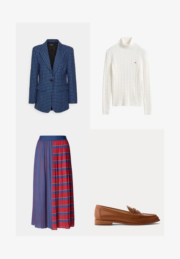 Blazer azul y negro con patrón de pata de gallo, solapas con muesca, cierre con un botón negro y dos bolsillos delanteros con solapa.; Jersey de cuello alto de punto cable blanco con mangas largas y un pequeño logo bordado en el pecho.; Falda plisada con una cinturilla sólida azul. Un lado presenta rayas verticales rojas y azules; el otro lado exhibe rayas rojas horizontales.; Mocasín de cuero marrón con tacón bajo de madera, correa clásica para moneda y detalles cosidos a lo largo de la puntera y los laterales.