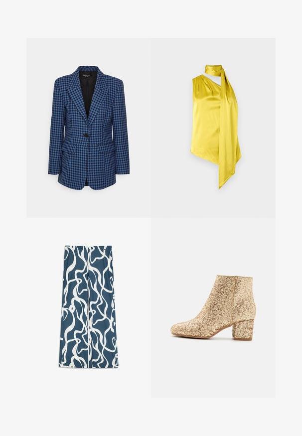 Blazer à motif pied-de-poule bleu et noir avec revers crantés, fermeture à un bouton noir et deux poches avant à rabat.; Haut asymétrique sans manches en satin jaune avec nouage au cou et longue écharpe pendante sur fond blanc.; Pantalon à jambes larges en tissu bleu sarcelle foncé avec un motif abstrait blanc ondulé. Texture lisse avec une taille élastique.; Bottines à paillettes dorées avec un bout arrondi et un talon épais. Texture lisse avec une finition étincelante, idéales pour les occasions festives.