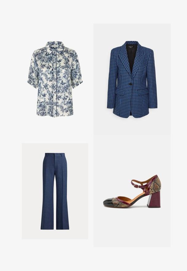 Blazer à motif pied-de-poule bleu et noir avec revers crantés, fermeture à un bouton noir et deux poches avant à rabat.; Chemisier blanc à manches courtes avec imprimé botanique et papillons bleu marine, col pointu, boutons sur le devant et poignets froncés.; Pantalon bleu marine sur mesure avec passants de ceinture, pli devant et coupe large, affiché sur un fond clair uni.; Chaussure à talon avec un bout en cuir verni noir, une bride bordeaux et une tige en textile à motif serpent ; dotée d'un grand talon block.